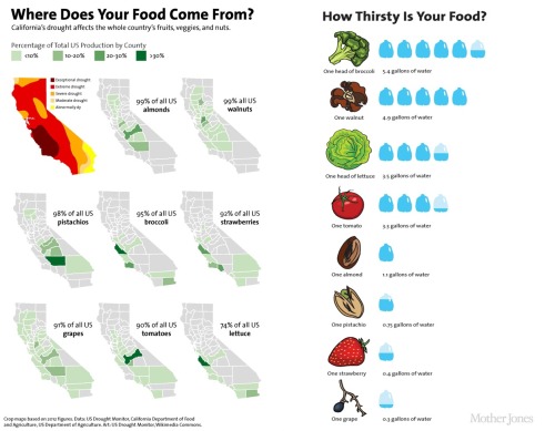 Here’s a visual take on the possible impacts of California’s drought care of Mother Jones. I knew that California grows roughly 33% of the nation’s produce but I was surprised to read just how much of certain crops it produces: broccoli (95%),...