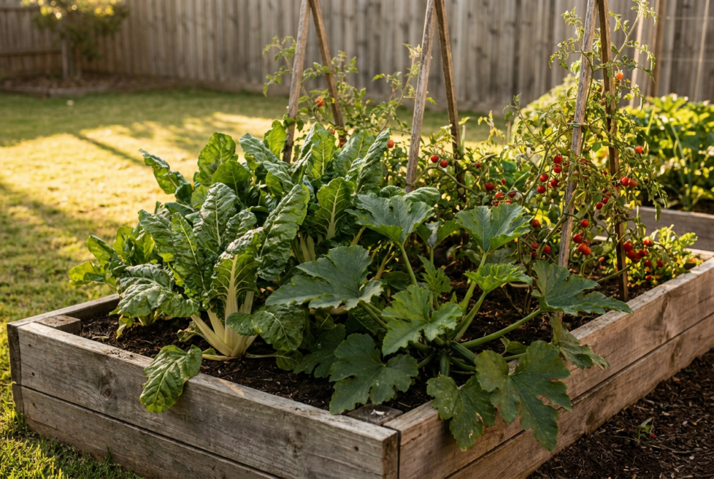 Vegetable seedlings in a garden bed.