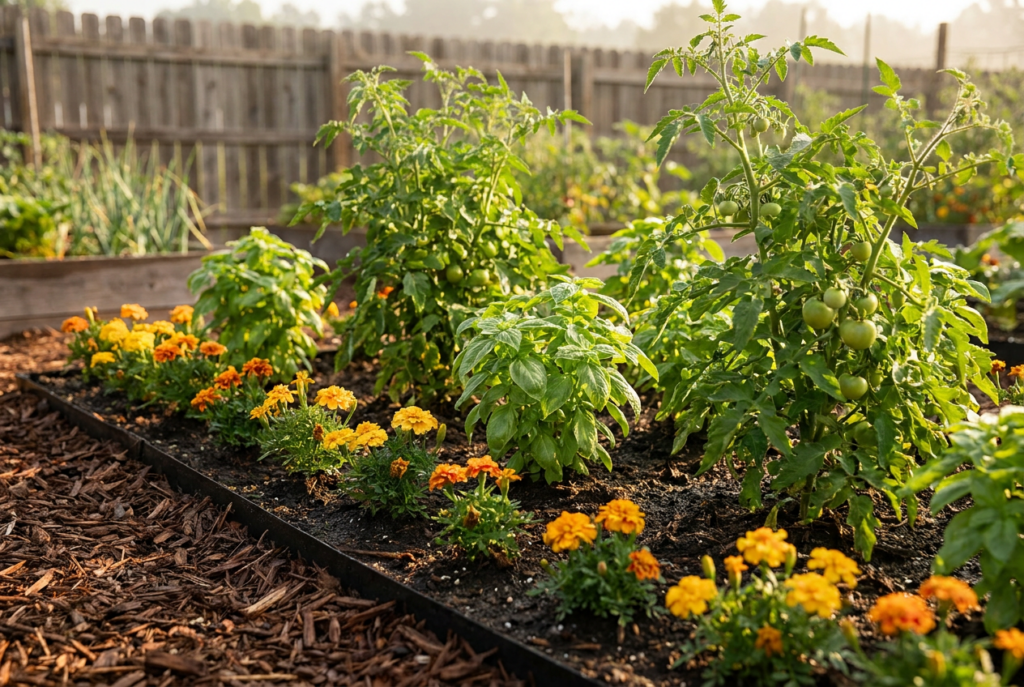 Basil, tomatoes, and marigolds together.