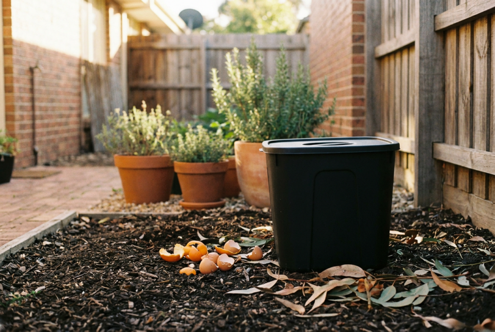 Black compost bin in a courtyard garden.