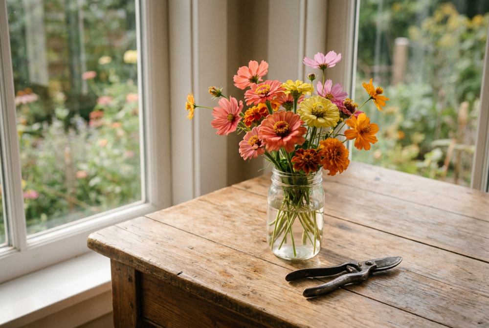 Fresh flowers in a glass jar.